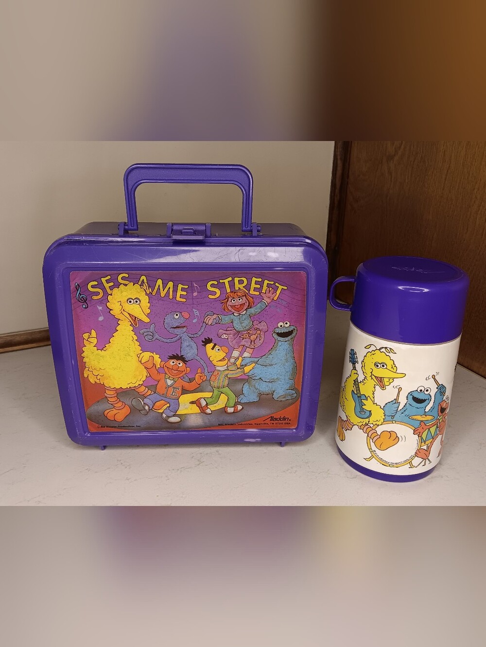 Vtg. 1985 Sesame Street Lunch Box by Aladdin - Purple Plastic - Includes Thermos